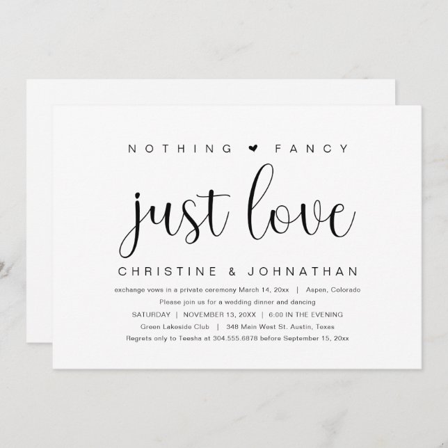 Invitación Nada Fancy Just Love, Boda Elopement Fiesta I (Anverso / Reverso)