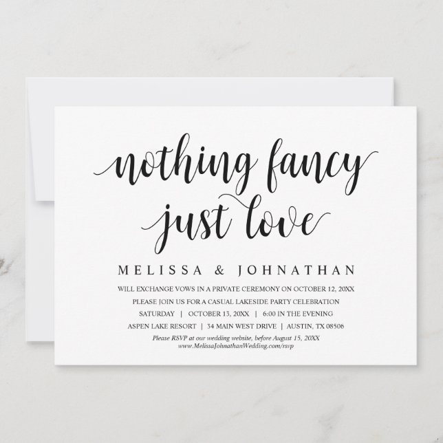 Invitación Nada Fancy Just Love, Cena Boda Elopement (Anverso)