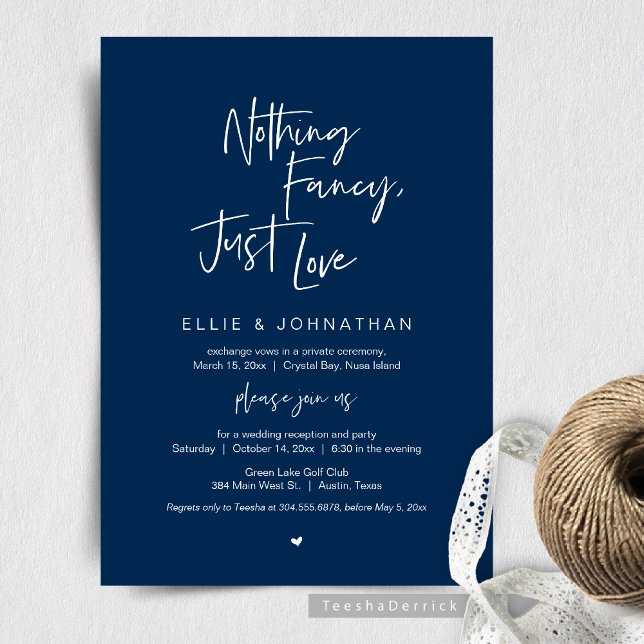 Invitación Nada Fancy Just Love, Cena Boda Elopement (Nothing Fancy Just Love, Wedding Elopement Dinner or Brunch Invitation, in Classy Navy Blue Theme.)
