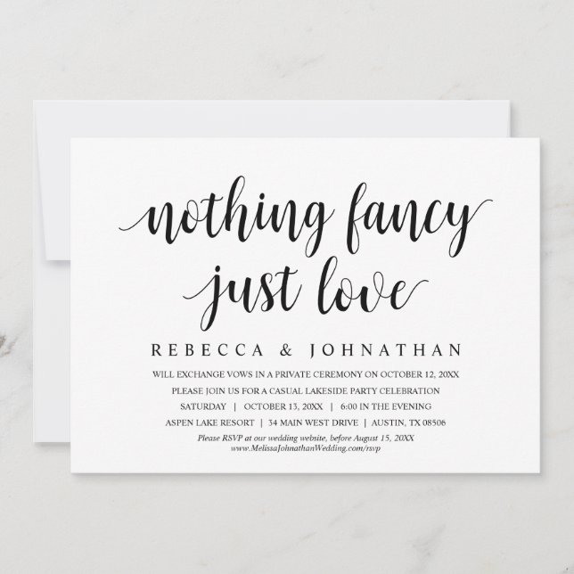 Invitación Nada Fancy Just Love, Cena Boda Elopement (Anverso)