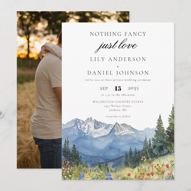 Invitación Nada Fancy Just Love Mountain Photo Boda (Anverso / Reverso)