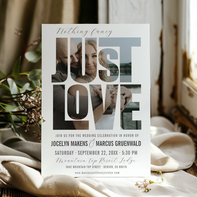 Invitación Nada Fancy Just Love Photo Typography Boda (Cute Nothing Fancy Just Love couple photo words typography simple modern unique wedding invitation)