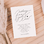 Invitación Nada Fancy Just Love Script Typography Boda<br><div class="desc">Tarjeta de plantilla moderna de invitación a boda con tipografía moderna que incluye un guión con letras a mano que dice "nada de fantasía solo amor" en negro sobre fondo blanco. Diseño sencillo y minimalista.</div>
