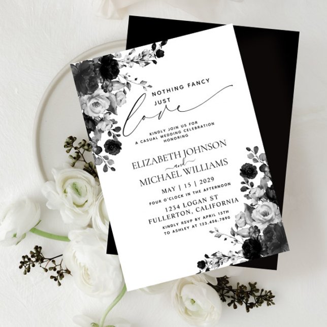 Invitación Nada Fancy Love Just Love Black Flowers Boda (Subido por el creador)