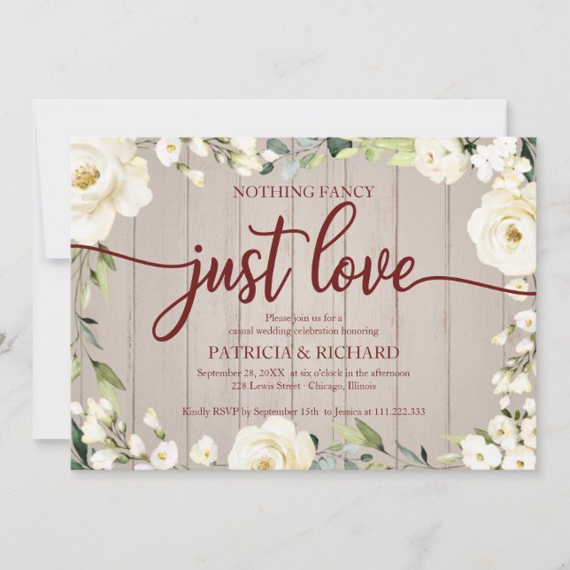 Invitación Nada Fancy Love Just Love Boda White Floral (Anverso)