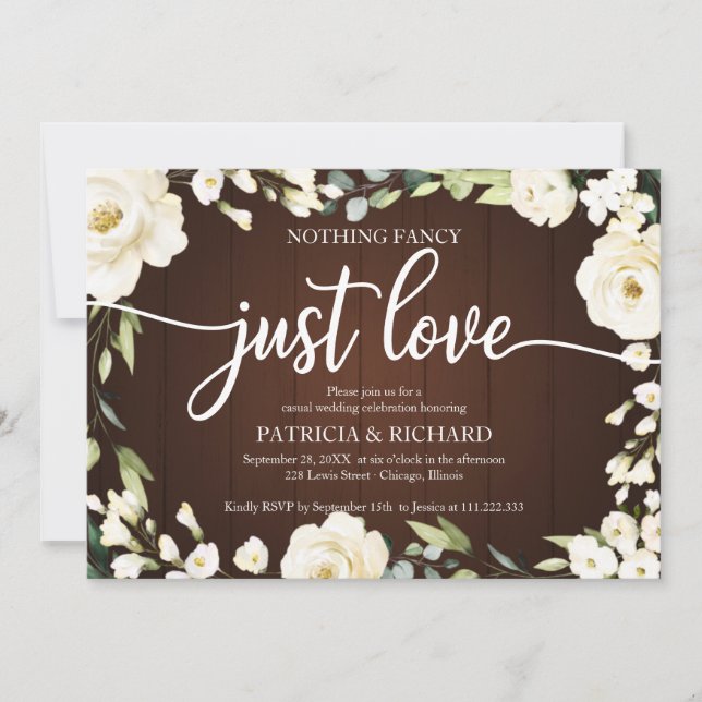 Invitación Nada Fancy Love Just Love Boda White Floral (Anverso)