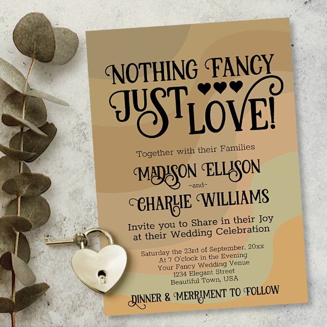Invitación Nada Fancy Love Just Love Earthtone Retro Boda (In Situ with Eucalyptus and Heart)