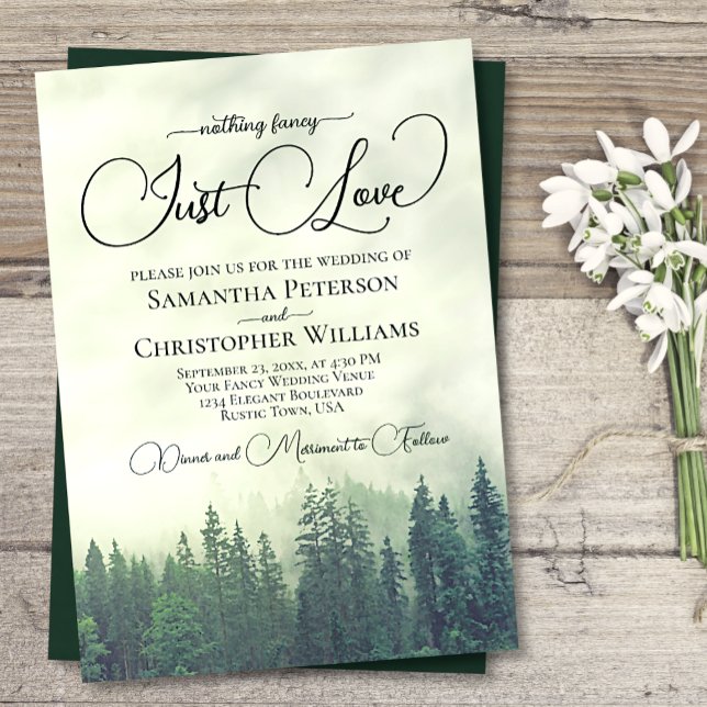 Invitación Nada Fancy Love Just Love Foggy Green Pines Boda (Subido por el creador)