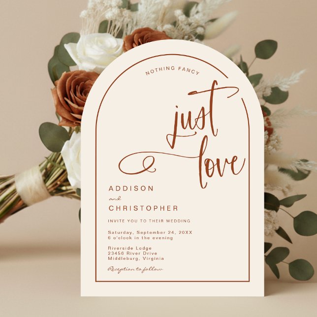Invitación Nada Fancy Love Just Love Handwriter Script Boda (Shown on a 5" x 7" invitation with Arch Corner Style)
