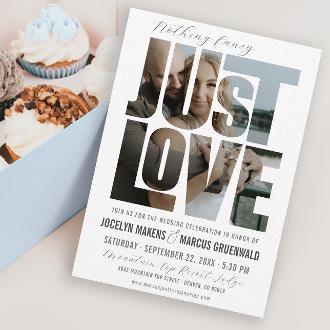 Invitación Nada Fancy Love Just Love Photo Words Boda moderno (Cute Photo words casual wedding invitation with "Nothing Fancy, Just Love" with photo typography)