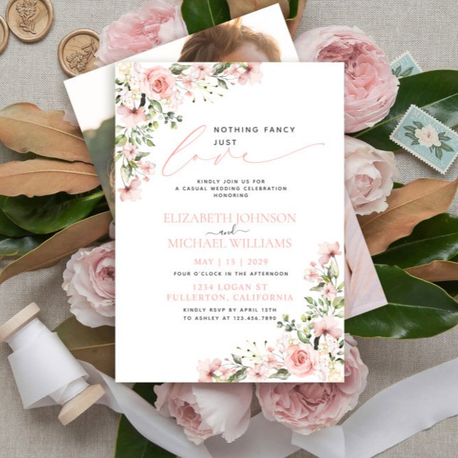 Invitación Nada Fancy Love Just Love Pink Floral Photo Boda (Subido por el creador)
