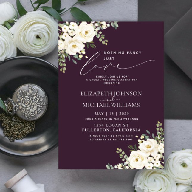 Invitación Nada Fancy Love Just Love Plum Purple Floral Boda (Subido por el creador)