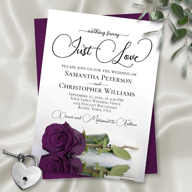 Invitación Nada Fancy Love Just Love Plum Purple Rosa Boda (In Situ Front and Back)