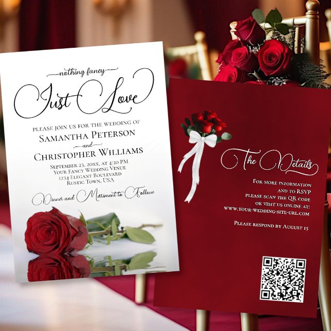 Invitación Nada Fancy Love Just Love Red Rose QR Code Boda (Front/Back)