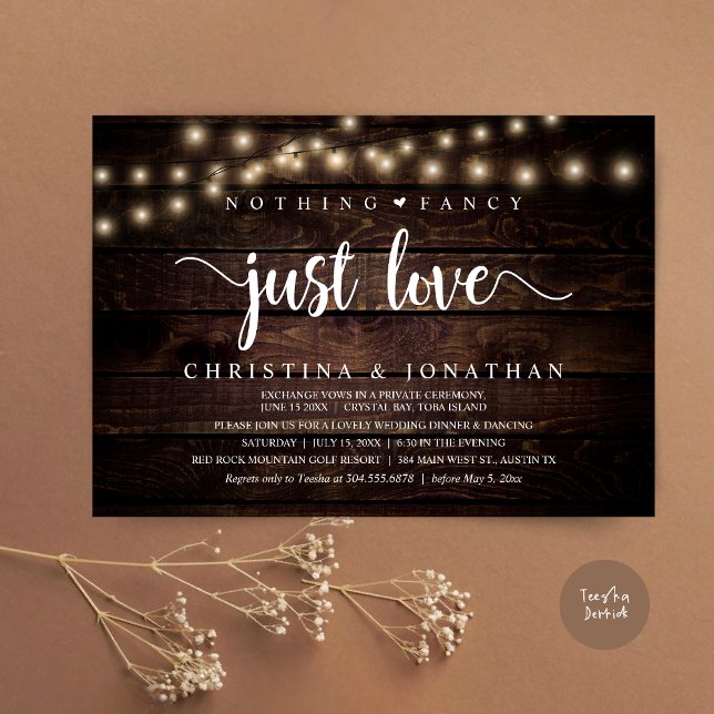 Invitación Nada Fancy Sólo Ama, Cena Rústica Boda (Nothing Fancy Just Love, Rustic Wedding Dinner Invitation card, pdf, in cottage dark wood)