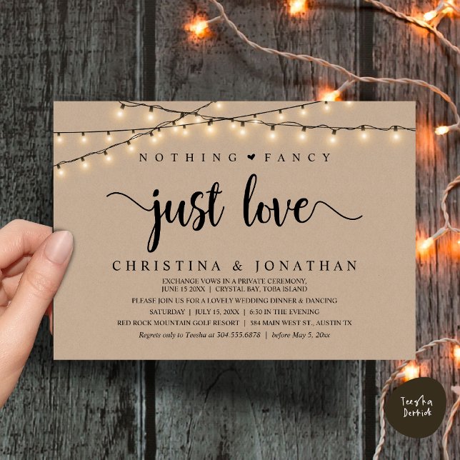 Invitación Nada Fancy Sólo Ama, Cena Rústica Boda (Nothing Fancy Just Love, Rustic Wedding Dinner Invitation Card, PDF, String Lights Brown Kraft)
