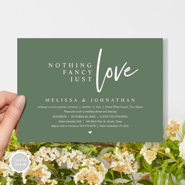 Invitación Nada Fancy, Sólo Amo Boda Elopement Dinner (Nothing Fancy, Just Love Wedding Elopement Dinner Party Invitation Card, PDF, Forest Sage Green)
