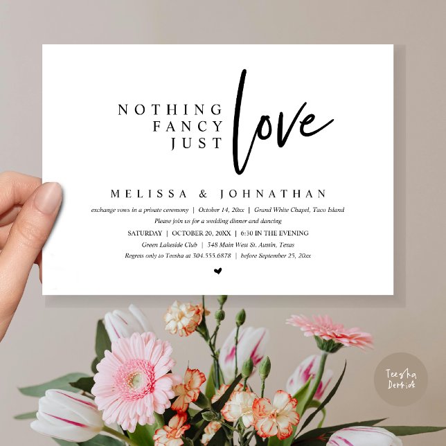 Invitación Nada Fancy, Sólo Amo Boda Elopement Dinner (Nothing Fancy, Just Love Wedding Elopement Dinner Party Invitation Card, PDF, White Black)