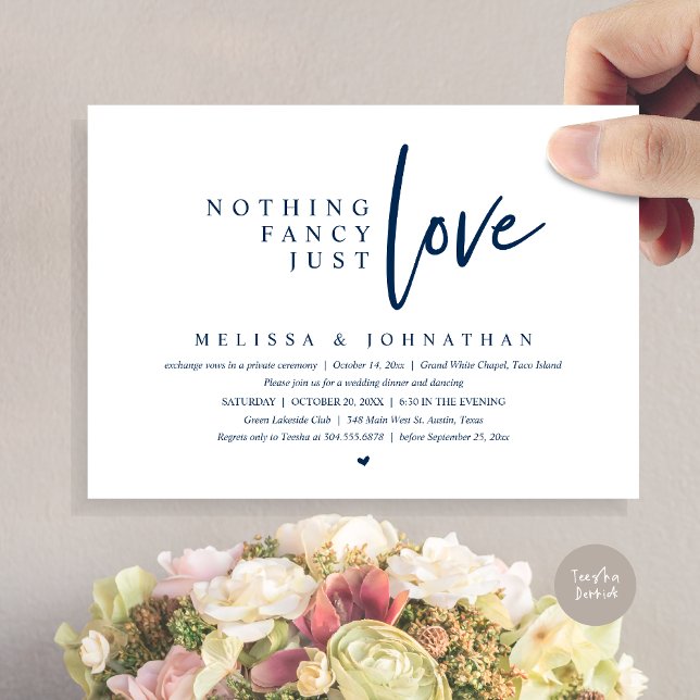 Invitación Nada Fancy, Sólo Amo Boda Elopement Dinner (Nothing Fancy, Just Love Wedding Elopement Dinner Party Invitation Card, PDF, Navy Blue)