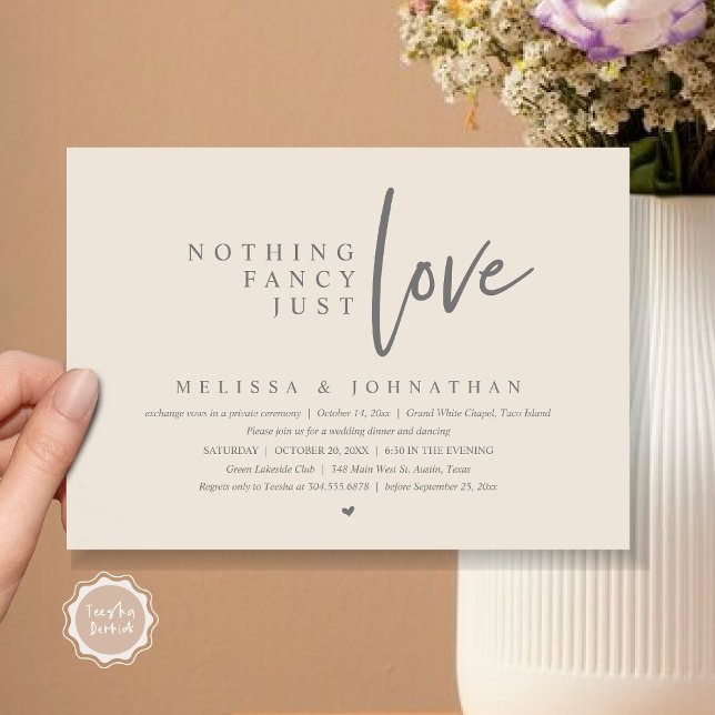 Invitación Nada Fancy, Sólo Amo Boda Elopement Dinner (Nothing Fancy, Just Love Wedding Elopement Dinner Party Invitation Card, PDF, Cream Grey)