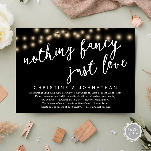 Invitación Nada Fancy, Solo Amo La Cena Rústica Boda (Nothing Fancy, Just Love Rustic Wedding Dinner Invitation Card PDF String Lights Black White)