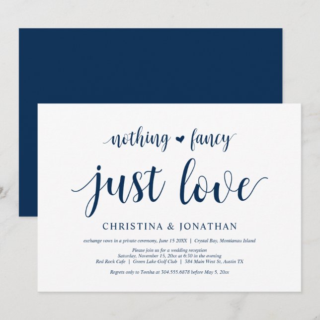 Invitación Nada Fancy, Solo Amor, Azul Naval, Elopement (Anverso / Reverso)