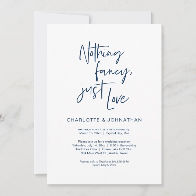 Invitación Nada Fancy, Solo Amor, Azul Naval, Elopement (Anverso)