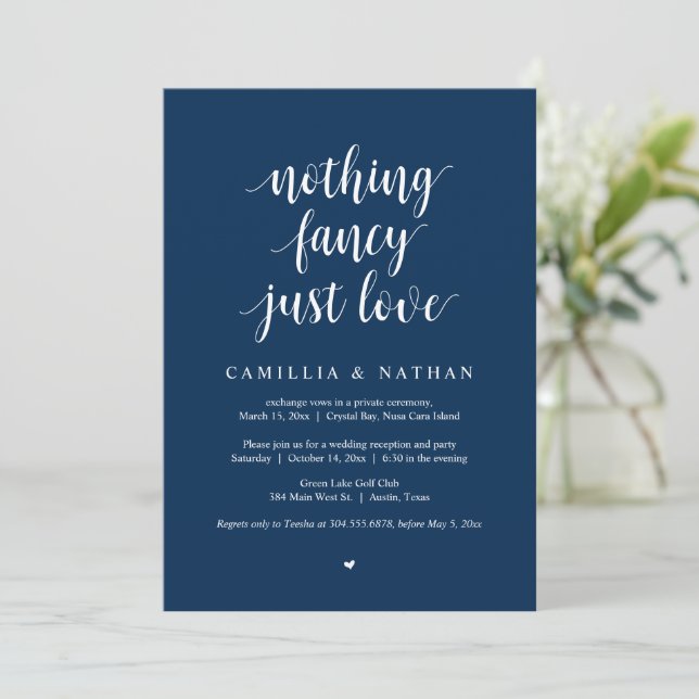 Invitación Nada Fancy Sólo Amor, Azul Naval, Elopement Inv (Anverso de pie)