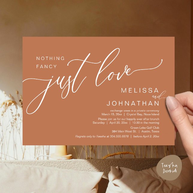 Invitación Nada Fancy Sólo Amor, Boda Elopement Brunch (Celebrate with us, Nothing Fancy Just Love, Romantic Wedding Brunch Invitation Card PDF Copper Brown)