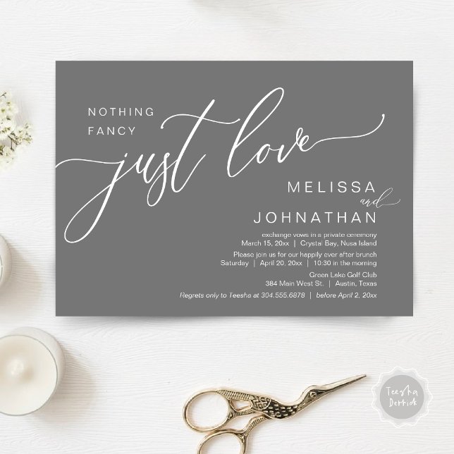 Invitación Nada Fancy Sólo Amor, Boda Elopement Brunch (Celebrate with us, Nothing Fancy Just Love, Romantic Wedding Brunch Invitation Card PDF Dark Grey)