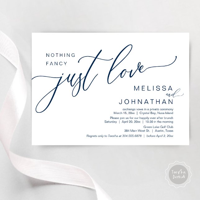Invitación Nada Fancy Sólo Amor, Boda Elopement Brunch (Celebrate with us, Nothing Fancy Just Love, Romantic Wedding Brunch Invitation Card PDF Navy Blue)