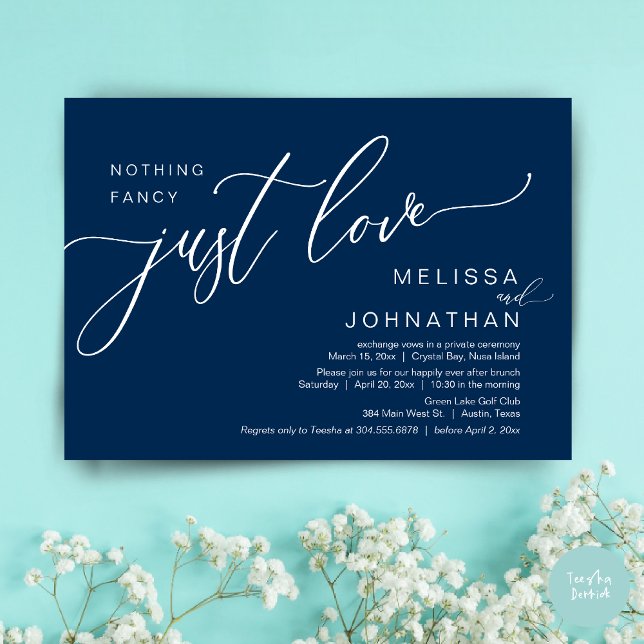 Invitación Nada Fancy Sólo Amor, Boda Elopement Brunch (Celebrate with us, Nothing Fancy Just Love, Romantic Wedding Brunch Invitation Card PDF Navy Blue)
