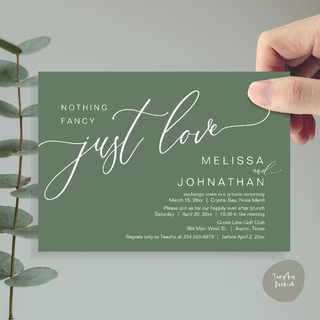 Invitación Nada Fancy Sólo Amor, Boda Elopement Brunch (Celebrate with us, Nothing Fancy Just Love, Romantic Wedding Brunch Invitation Card PDF Sage Green)