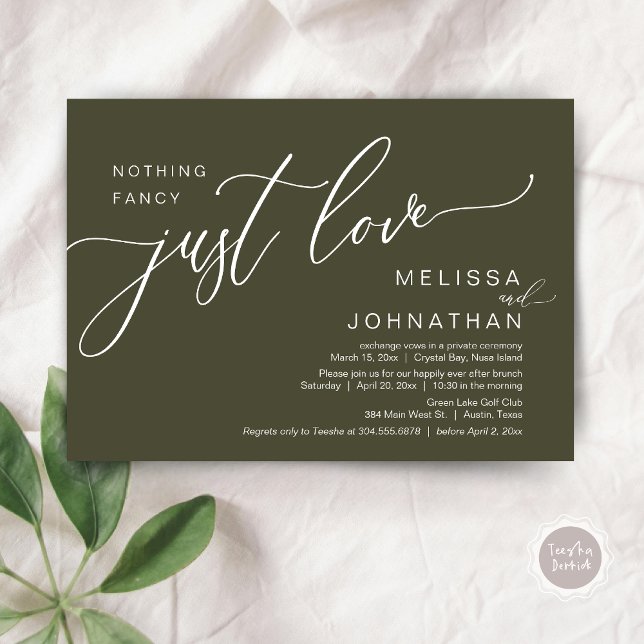 Invitación Nada Fancy Sólo Amor, Boda Elopement Brunch (Celebrate with us, Nothing Fancy Just Love, Romantic Wedding Brunch Invitation Card PDF Olive Green)