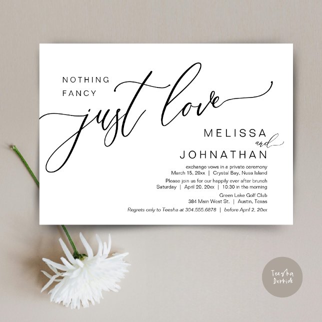 Invitación Nada Fancy Sólo Amor, Boda Elopement Brunch (Celebrate with us, Nothing Fancy Just Love, Romantic Wedding Brunch Invitation Card PDF Black White)