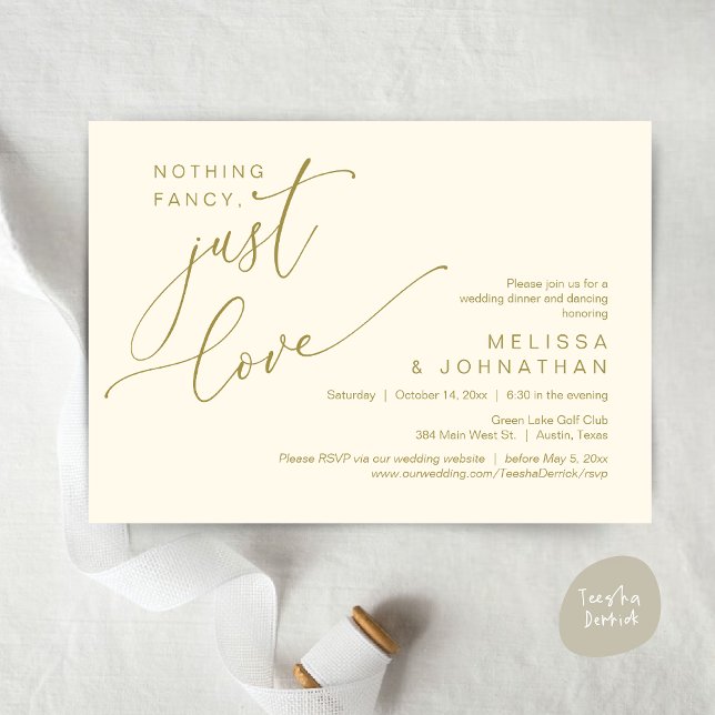 Invitación Nada Fancy, Sólo Amor, Cena Boda Bailando (Nothing Fancy, Just Love, Wedding Romantic Dinner Dancing Invitation Card, PDF, in Yellow Gold)