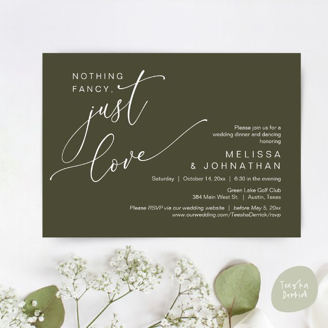 Invitación Nada Fancy, Sólo Amor, Cena Boda Bailando (Nothing Fancy, Just Love, Wedding Romantic Dinner Dancing Invitation Card, PDF, in Olive Green)