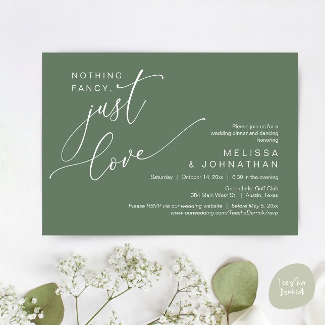 Invitación Nada Fancy, Sólo Amor, Cena Boda Bailando (Nothing Fancy, Just Love, Wedding Romantic Dinner Dancing Invitation Card, PDF, in Sage Green)