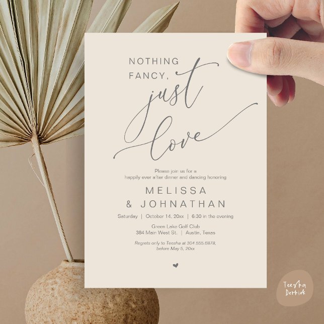 Invitación Nada Fancy, Sólo Amor, Cena Boda Bailando (Nothing Fancy, Just Love, Romantic Wedding Dinner Dancing Invitation Card, PDF, in Cream Grey)