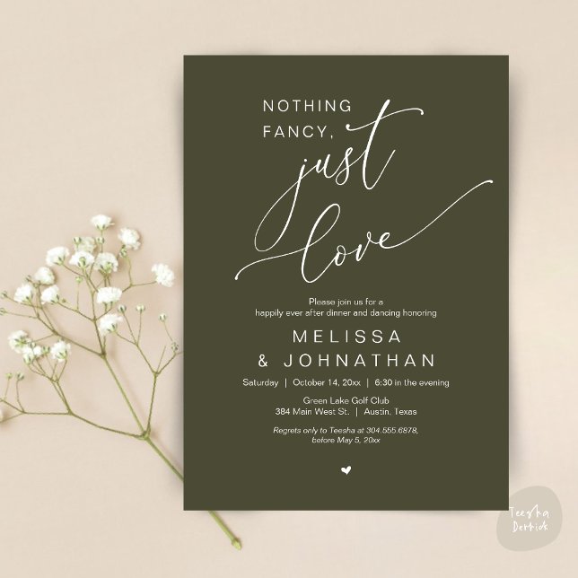 Invitación Nada Fancy, Sólo Amor, Cena Boda Bailando (Nothing Fancy, Just Love, Romantic Wedding Dinner Dancing Invitation Card, PDF, in Olive Green)