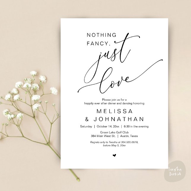 Invitación Nada Fancy, Sólo Amor, Cena Boda Bailando (Nothing Fancy, Just Love, Romantic Wedding Dinner Dancing Invitation Card, PDF, in Black and White)