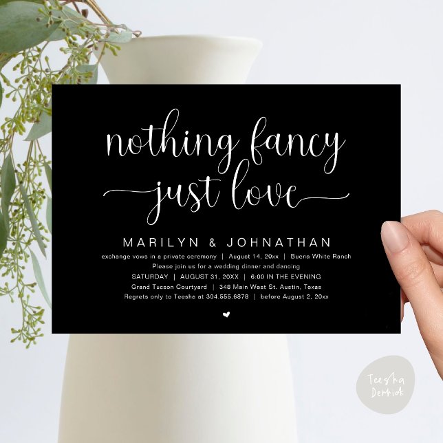 Invitación Nada Fancy, Sólo Amor, Cena Boda Bailando (Nothing Fancy, Just Love, Modern Wedding Dinner Dancing Invitation Card, PDF, Classy Black White)