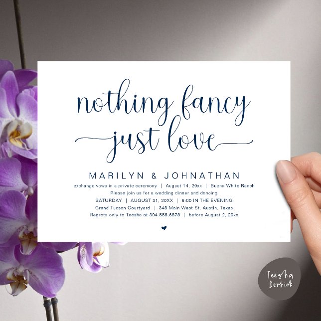 Invitación Nada Fancy, Sólo Amor, Cena Boda Bailando (Nothing Fancy, Just Love, Modern Wedding Dinner Dancing Dancing Invitation Card, PDF, Navy Blue)