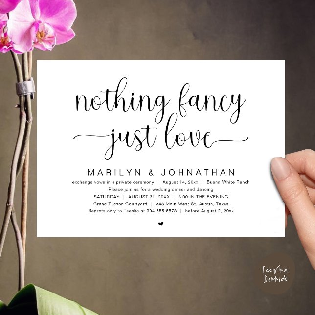 Invitación Nada Fancy, Sólo Amor, Cena Boda Bailando (Nothing Fancy, Just Love, Modern Wedding Dinner Dancing Dancing Invitation Card, PDF, White Black)
