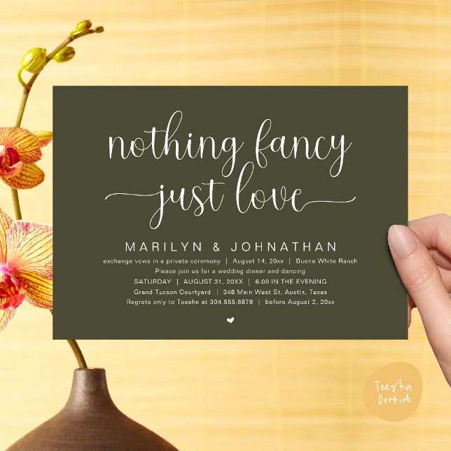 Invitación Nada Fancy, Sólo Amor, Cena Boda Bailando (Nothing Fancy, Just Love, Modern Wedding Dinner Dancing Dancing Invitation Card, PDF, Olive Green)