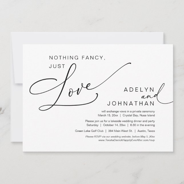 Invitación Nada Fancy, Sólo Amor, Cena Boda Elopement (Anverso)