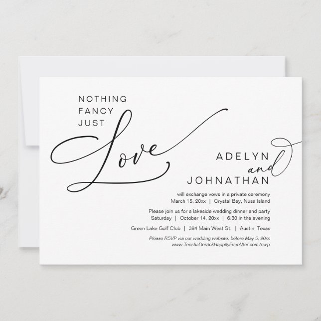 Invitación Nada Fancy, Sólo Amor, Cena Boda Elopement (Anverso)