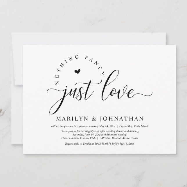 Invitación Nada Fancy, Sólo Amor, Cena Boda Elopement (Anverso)