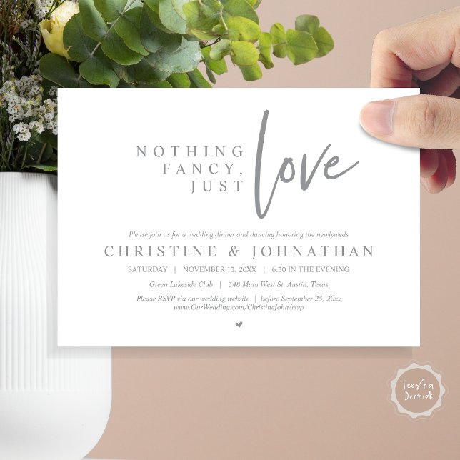 Invitación Nada Fancy, Sólo Amor, Cena Boda Elopement (Nothing Fancy, Just Love, Wedding Elopement Dinner Invitation Card, PDF, in Dark Grey)