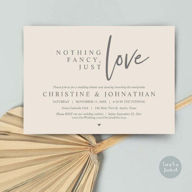 Invitación Nada Fancy, Sólo Amor, Cena Boda Elopement (Nothing Fancy, Just Love, Wedding Elopement Dinner Invitation Card, PDF, in Grey Cream)